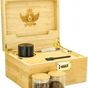 Large Stash Box with Accessories and Rolling Tray, Stable Combination Lock, Premium 100% Bamboo Wood, Handmade Decorative Storage Box, Enough Space, Removable Dividers