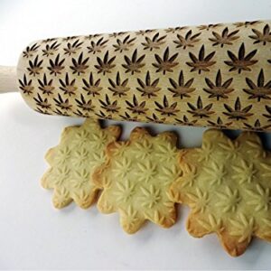 Embossing rolling pin with CANNABIS LEAVES Engraved wooden embossed dough roller for embossed cookies or clay by Algis Crafts