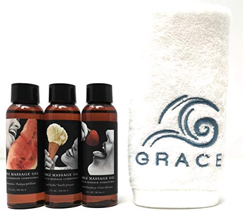Grace & Earthly Body Edible Massage Oil Set | 2 oz. Each Bottle & 12" X 12" Towel (Summer Fresh)