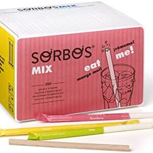 Sorbos Edible Straws, Flavor Mix Variety, Chocolate, Lemon, Lime, Strawberry, Individually Packaged, No Allergens, No Gluten, 7.4 inches long (Pack of 200)